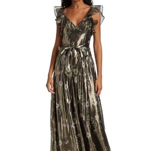 ML Monique Lhuillier Metallic Flutter-Sleeve Gown